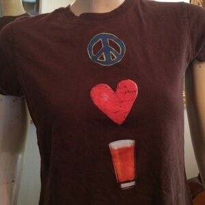 Brown Graphic Tee with Peace and Heart Design